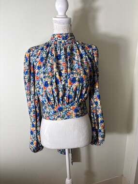 Elliat Multicolor Floral Long Sleeve High Neck Backless Blouse Sz XS